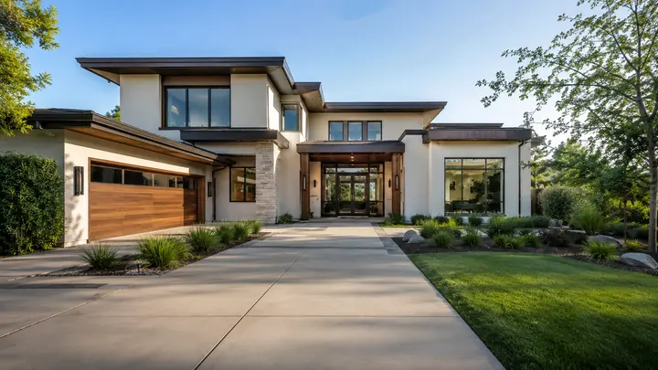 Modern home with a landscaped front yard and driveway