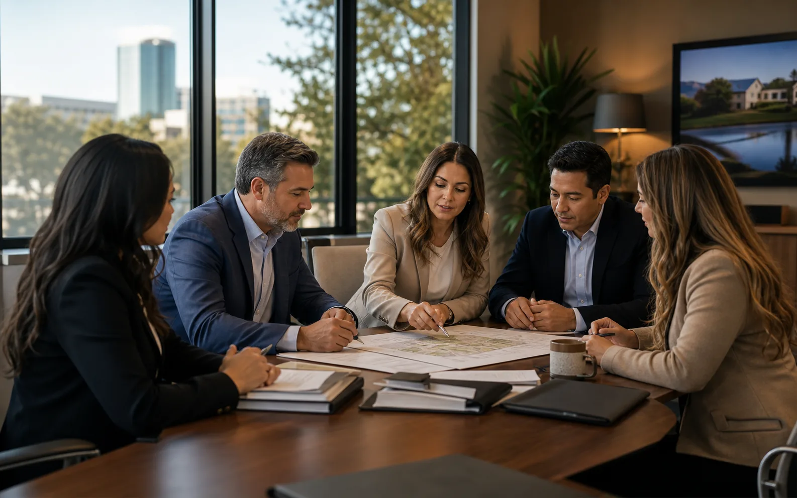 Real estate professionals reviewing property plans together